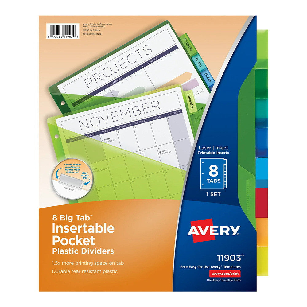 Avery Insertable Pocket Plastic Divider, Assorted, 8 Big Tab, 8 Ea